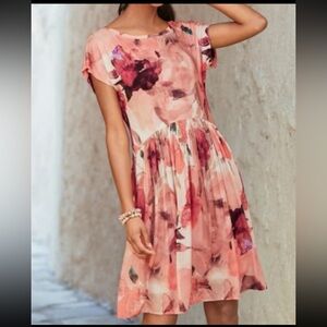 Peruvian Connection Desert Rose Watercolor Floral Viscose Short Sleeve Dress M